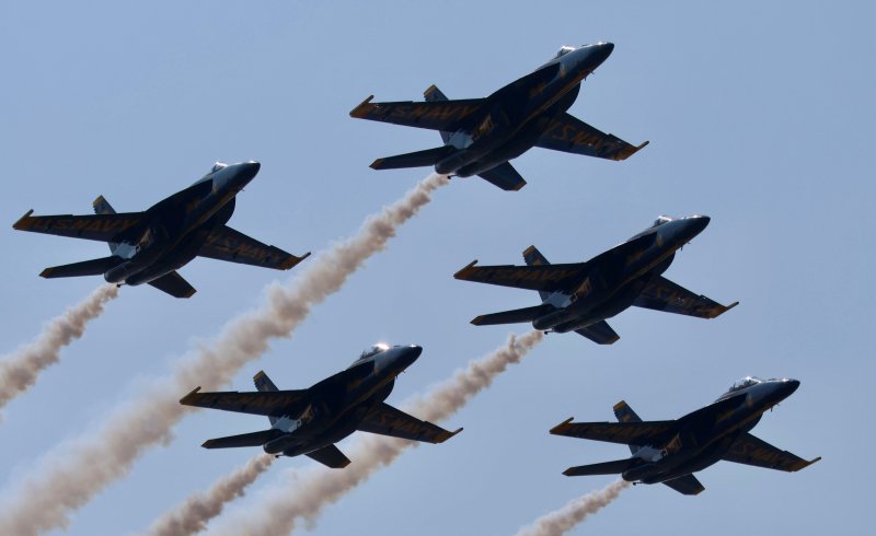 The Blue Angels’ diamond formation makes a dramatic entrance at Wallops Island June 11. The team arrived from the home base at Naval Air Station Pensacola in Florida.
